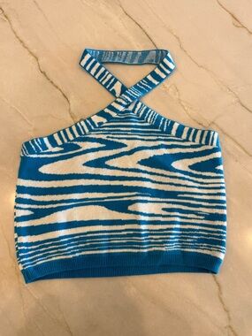 Blue & White Zebra-Print Halter Crop Top